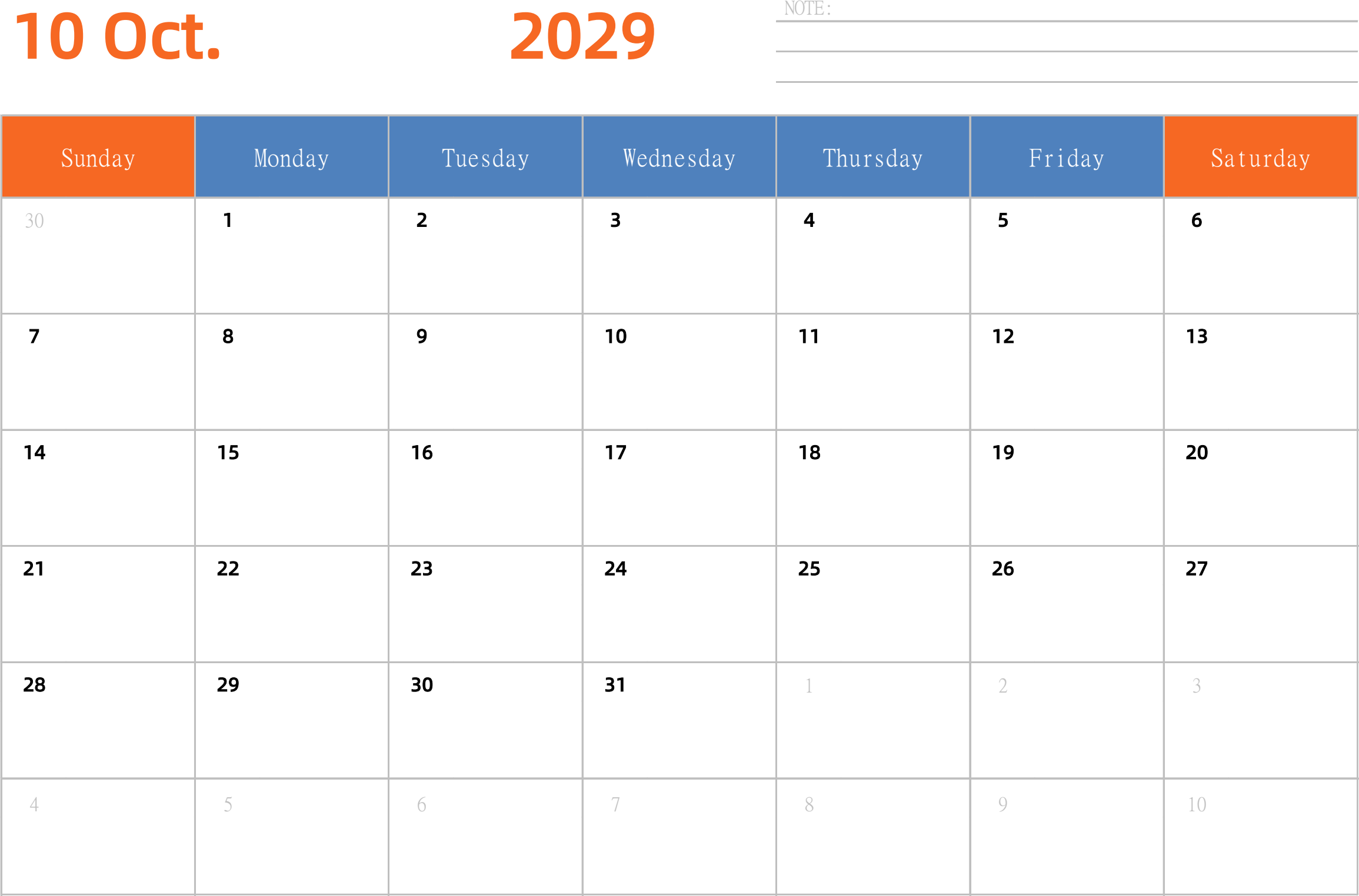 日历表2029年日历 英文版 横向排版 周日开始